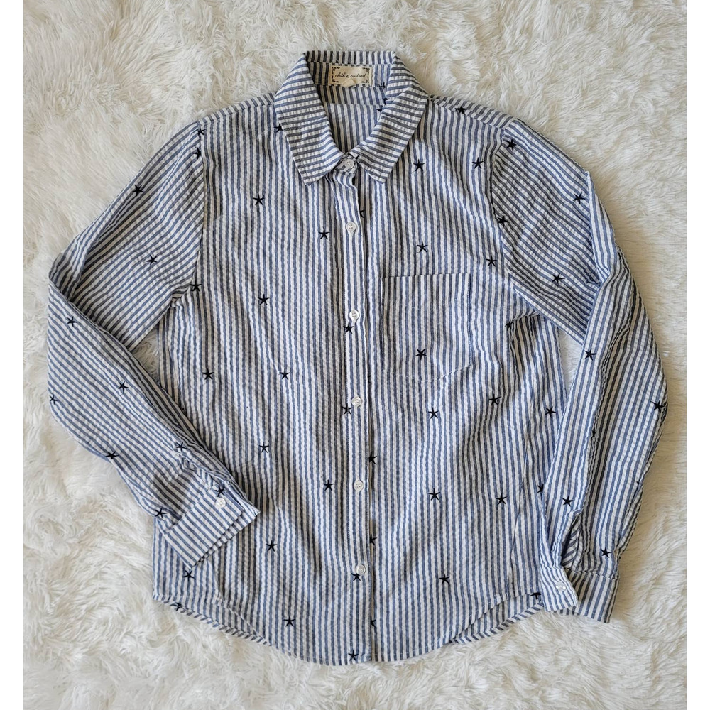 Cloth & Portrait Women's Blue Striped Star Embroidered Button Up Shirt. Size S‎